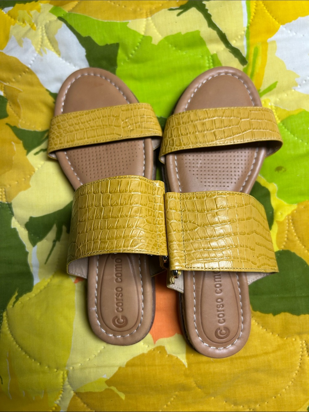 Anthropology Corso Como Yellow Croc-Embossed Double-Strap Slide Sandals